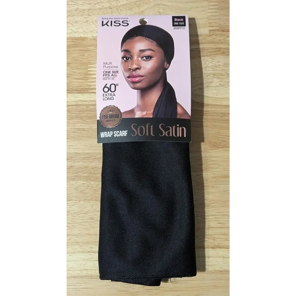 Kiss‎ Soft Satin Wrap Scarf Black 60x16in Extra Long Hair Cover Multi-Purpose OS